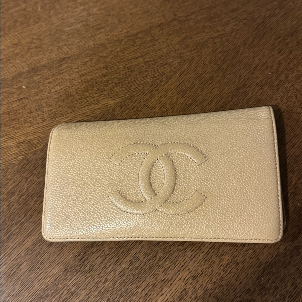 Beige caviar Chanel wallet clutch